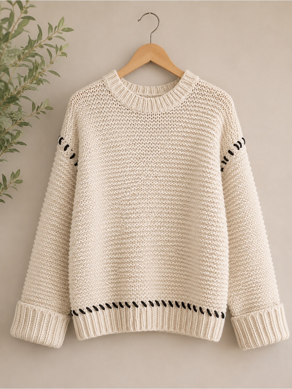 Topshop Oversized Cream Knit Sweater with Black Whipstitch Accents L